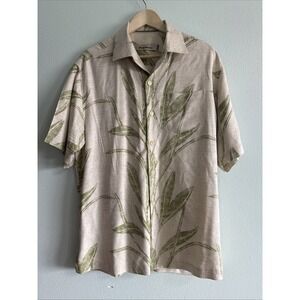 Tommy Bahama Men's 100% Silk Hawaiian‎ Shirt Tropical leaf Tan/Green Medium